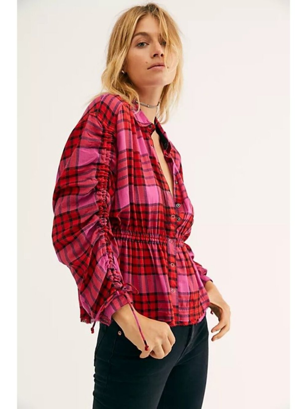 Free People NWT Pacific Dawn Plaid Buttondown in Red Combo size XL